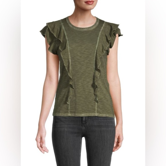 VERONICA BEARD NWOT Tier Ruffle Heathered Pima Cotton T-Shirt in Army - Picture 1 of 8